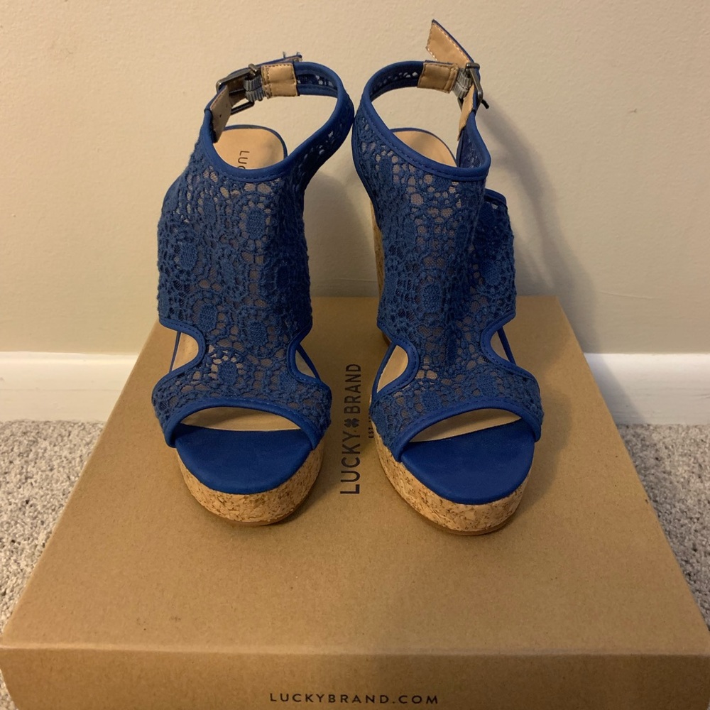 Lucky brand blue lace wedge heels, size 6. NWT